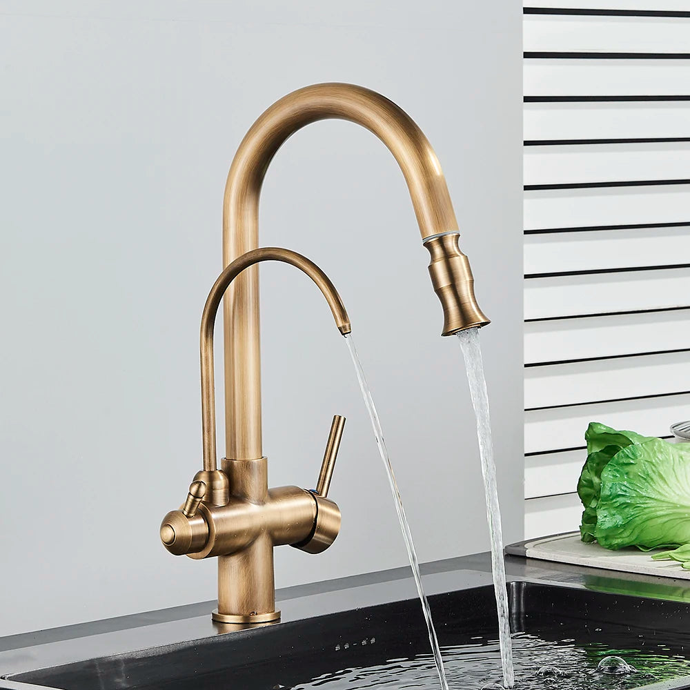 Antike Messing Küchenarmatur mit Wasserfilter und Dual Griff – Spültischarmatur für heißes und kaltes Wasser-2