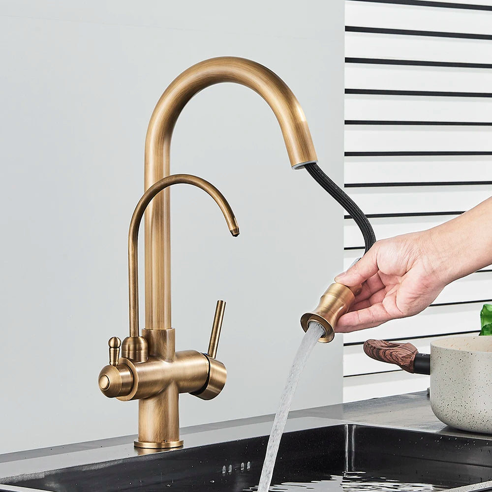 Antike Messing Küchenarmatur mit Wasserfilter und Dual Griff – Spültischarmatur für heißes und kaltes Wasser-3