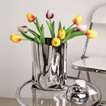 Plissierte Blumenvase aus Keramik – Elegantes Falten-Design in Chrom und Weiß Gelb, 23,5x16,5cm – Stilvolle Vasen für Ihr Zuhause-4